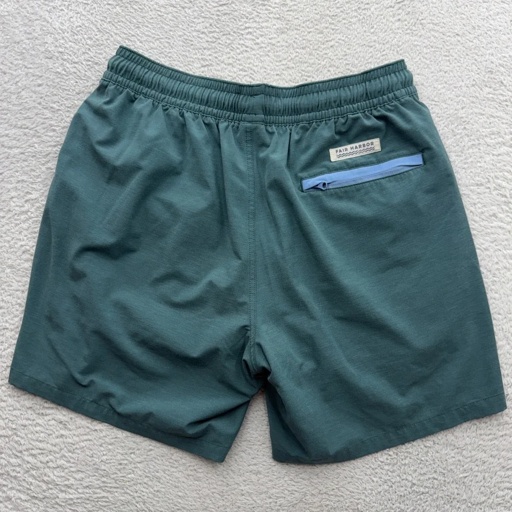 Fair Harbor Mens Teal Green Blue Stripe Swim Trunks Board Shorts Size L